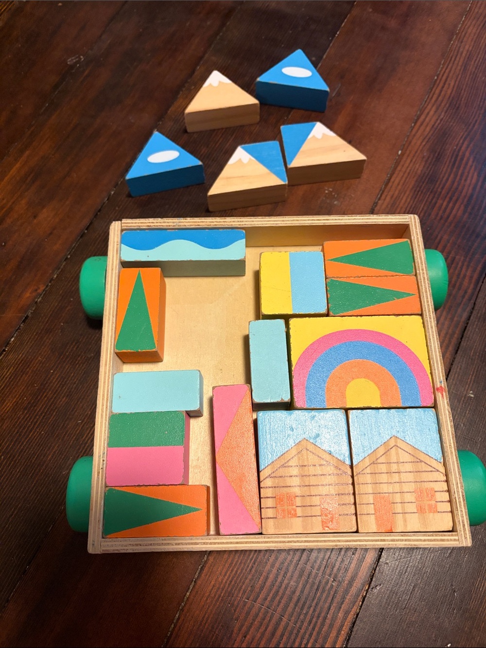 Wooden Building Block Set - 18 colorful painted wooden blocks rolling tray